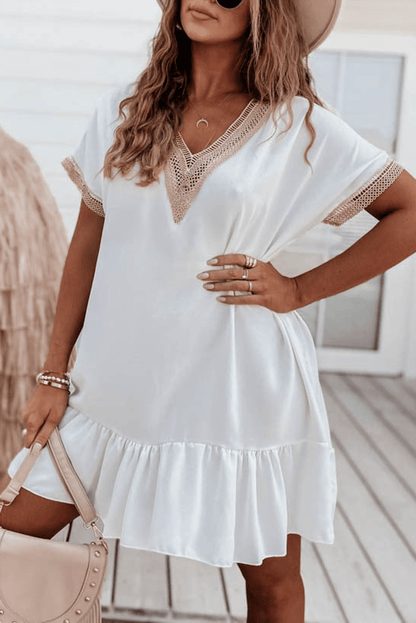 Elegant White Lace Ruffle Sleeve Mini Shift Dress