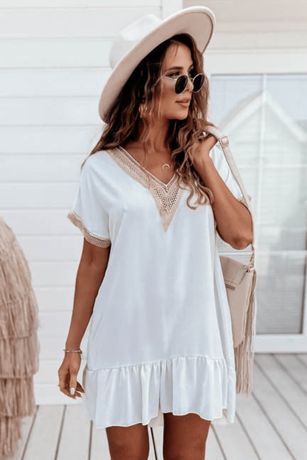 Elegant White Lace Ruffle Sleeve Mini Shift Dress