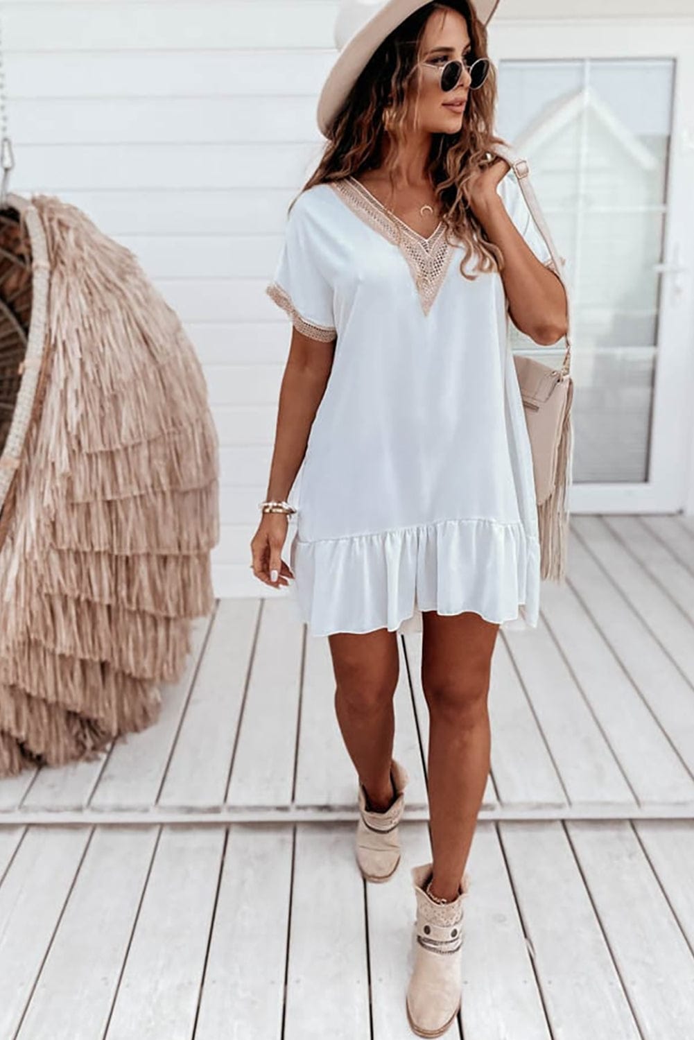 Elegant White Lace Ruffle Sleeve Mini Shift Dress
