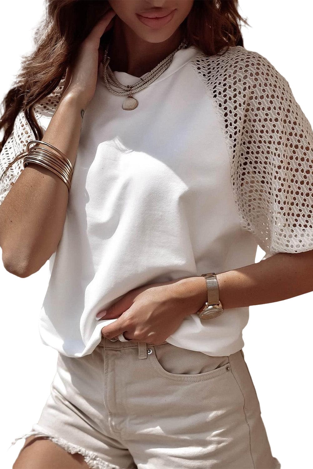 Elegant White Lace Sleeve Crochet Tee