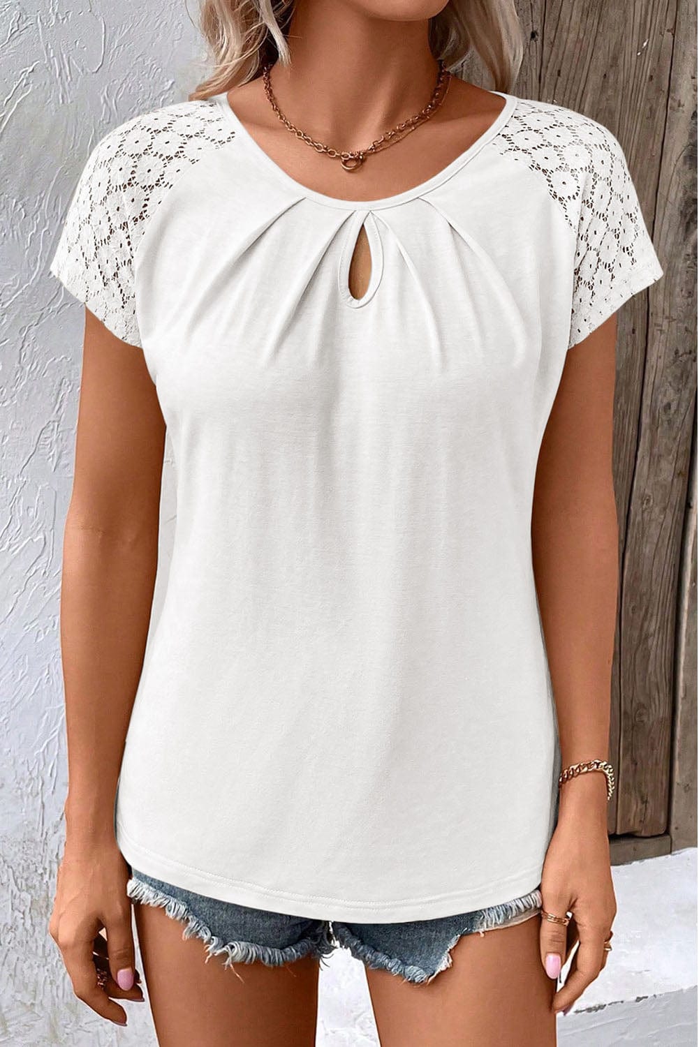 Elegant White Lace Sleeve Keyhole Detail Top