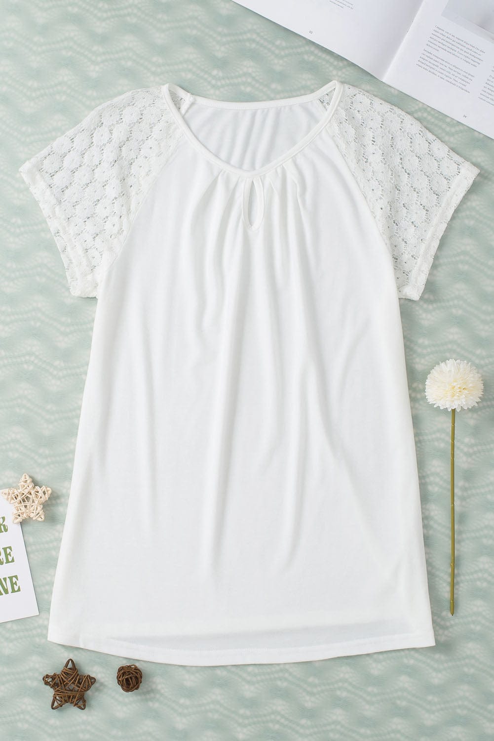Elegant White Lace Sleeve Keyhole Detail Top