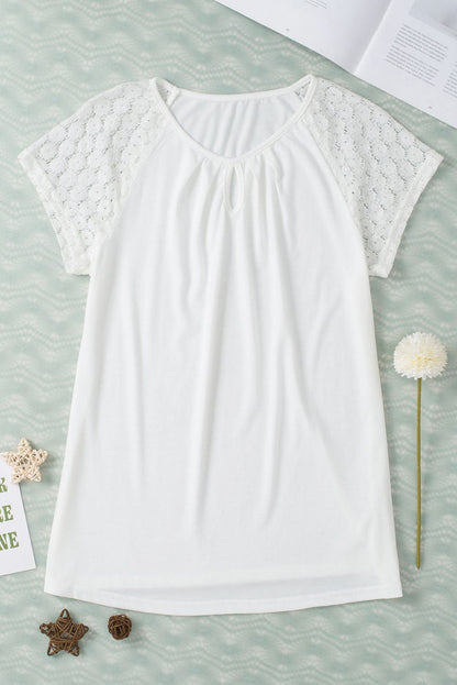 Elegant White Lace Sleeve Keyhole Detail Top