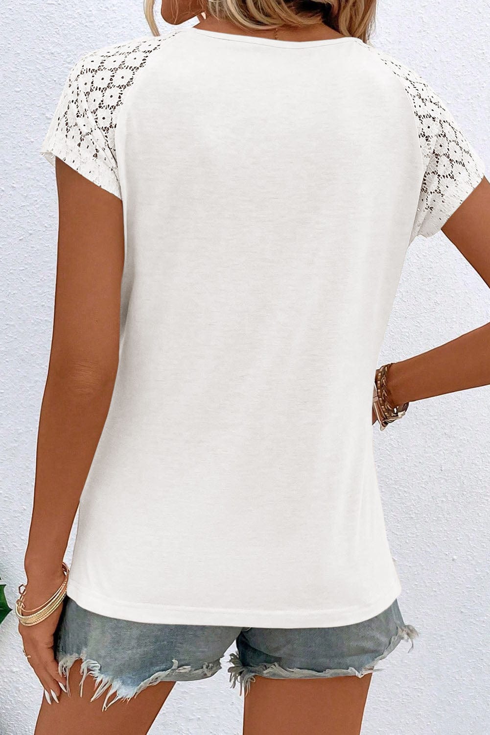 Elegant White Lace Sleeve Keyhole Detail Top