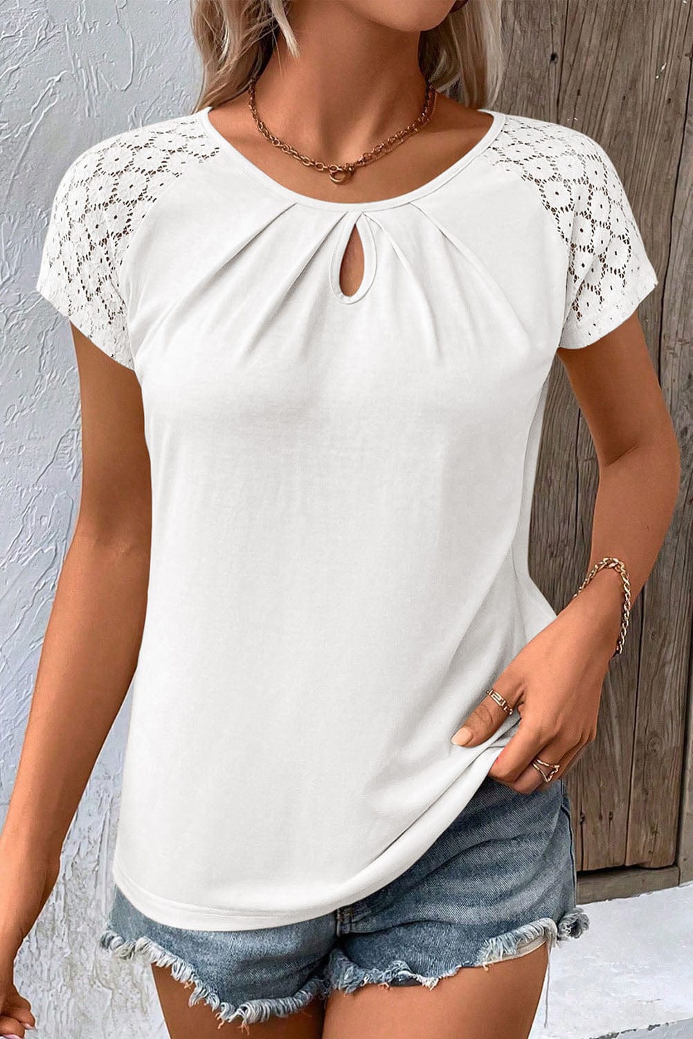 Elegant White Lace Sleeve Keyhole Detail Top