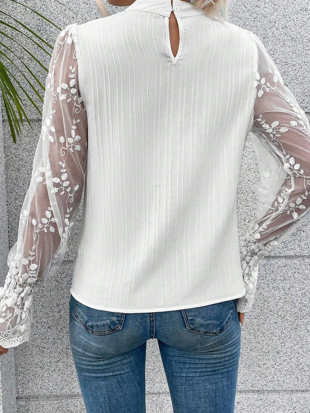 Elegant White Lace Sleeve Mock Neck Textured Blouse