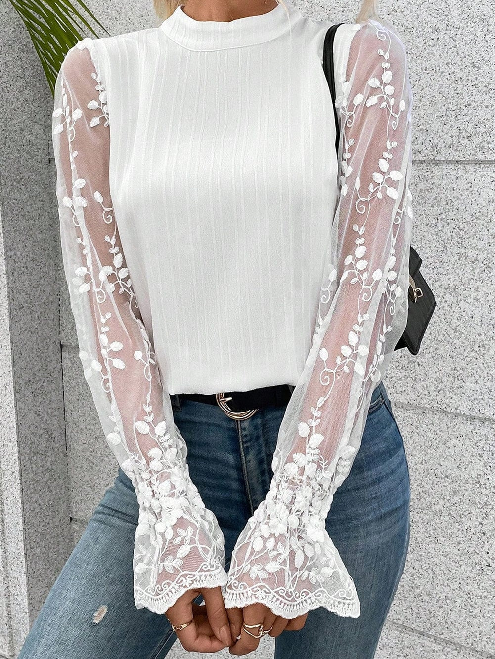 Elegant White Lace Sleeve Mock Neck Textured Blouse
