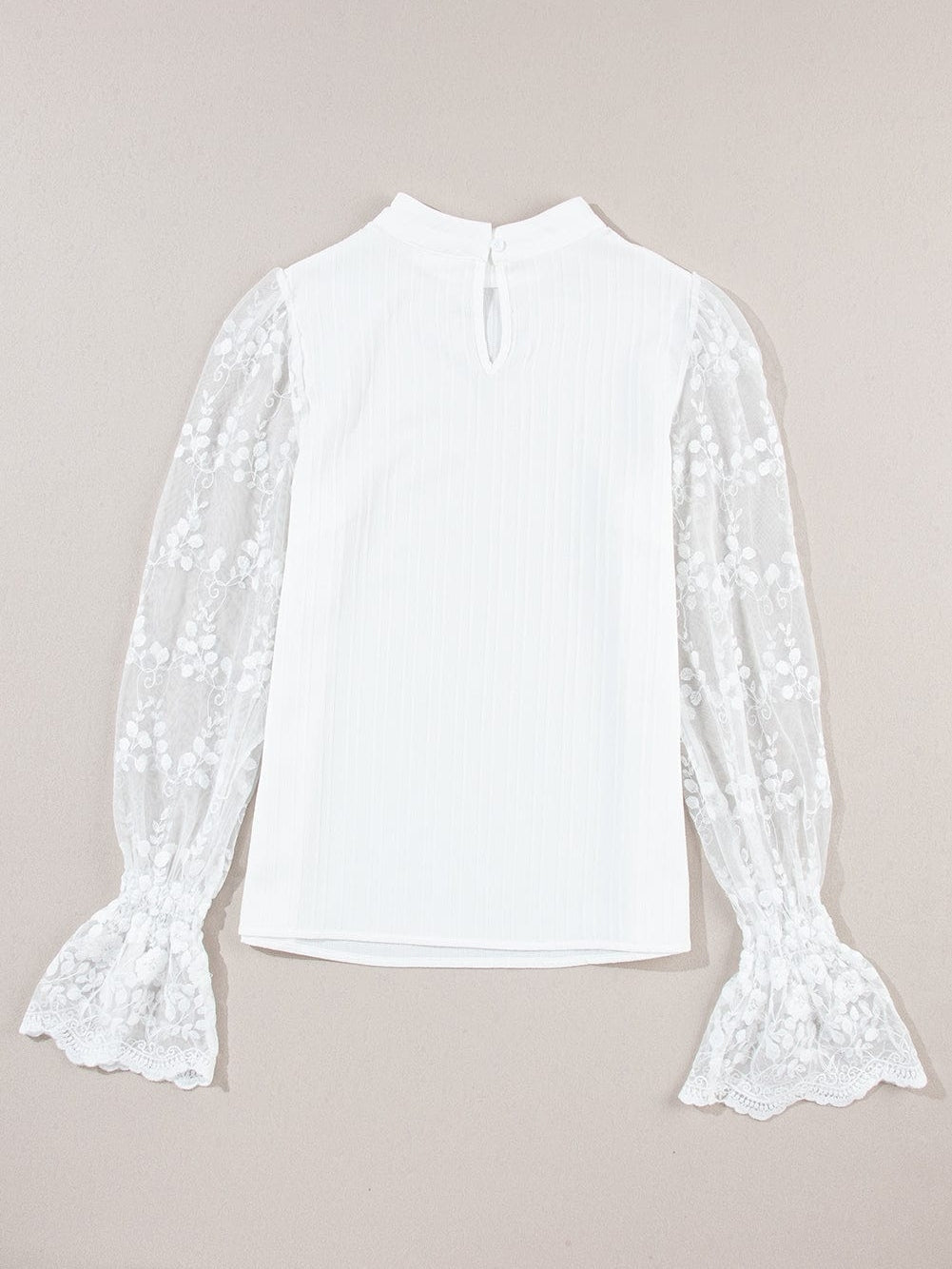 Elegant White Lace Sleeve Mock Neck Textured Blouse
