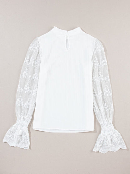 Elegant White Lace Sleeve Mock Neck Textured Blouse