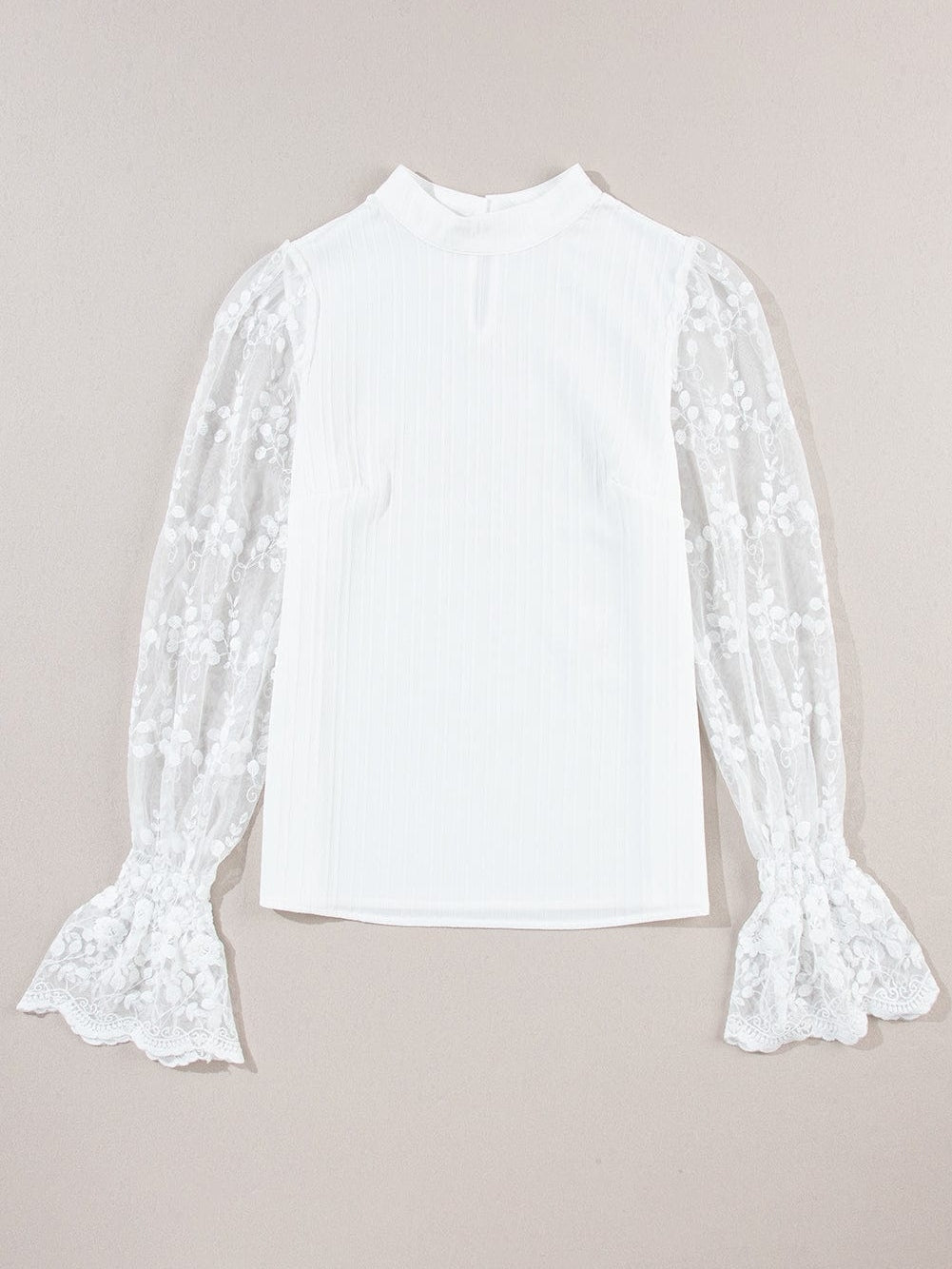 Elegant White Lace Sleeve Mock Neck Textured Blouse