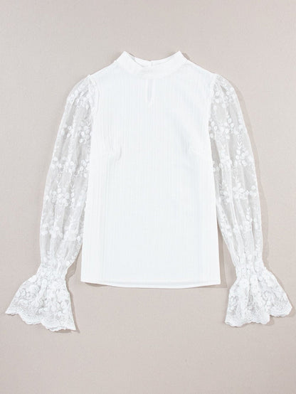 Elegant White Lace Sleeve Mock Neck Textured Blouse