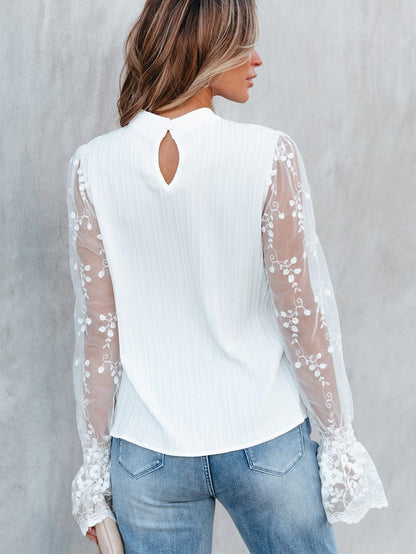 Elegant White Lace Sleeve Mock Neck Textured Blouse