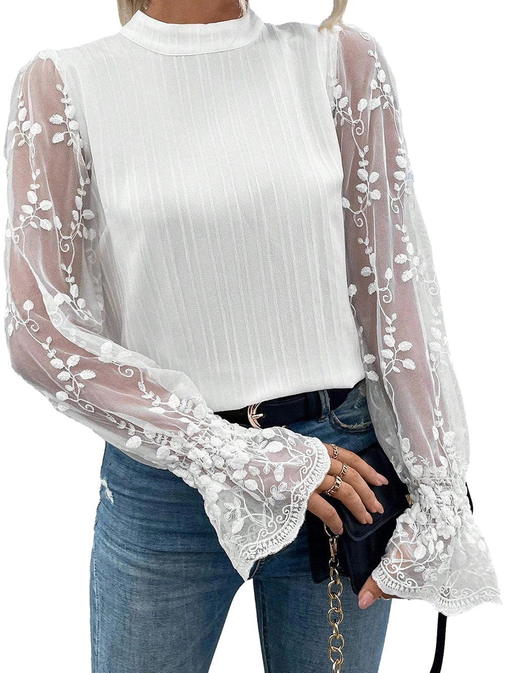 Elegant White Lace Sleeve Mock Neck Textured Blouse