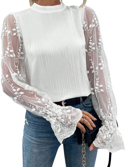 Elegant White Lace Sleeve Mock Neck Textured Blouse