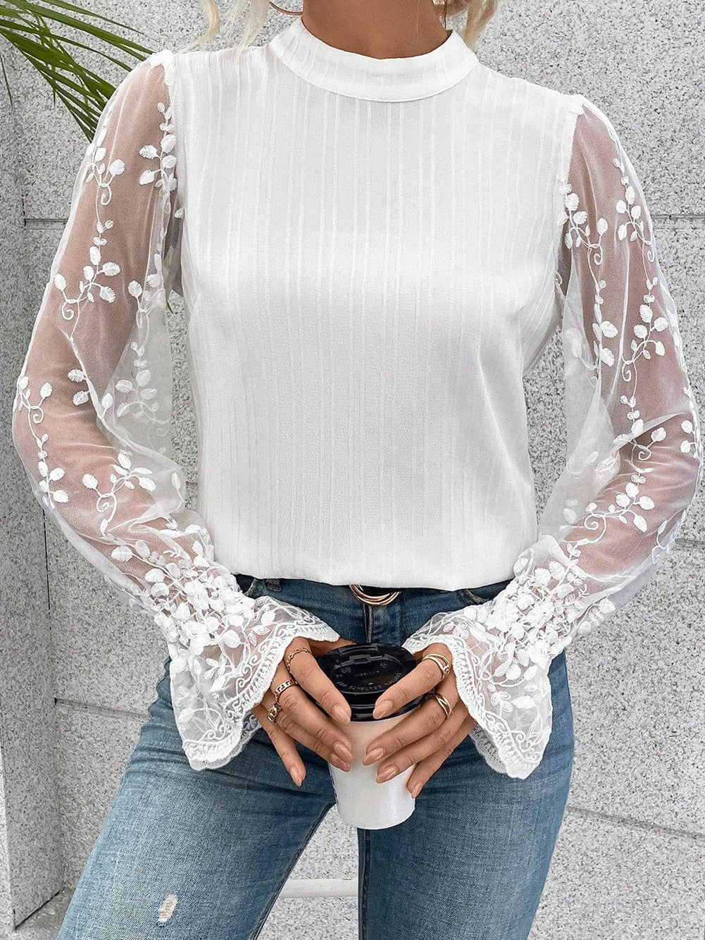 Elegant White Lace Sleeve Mock Neck Textured Blouse