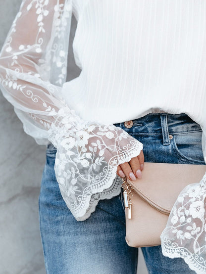 Elegant White Lace Sleeve Mock Neck Textured Blouse