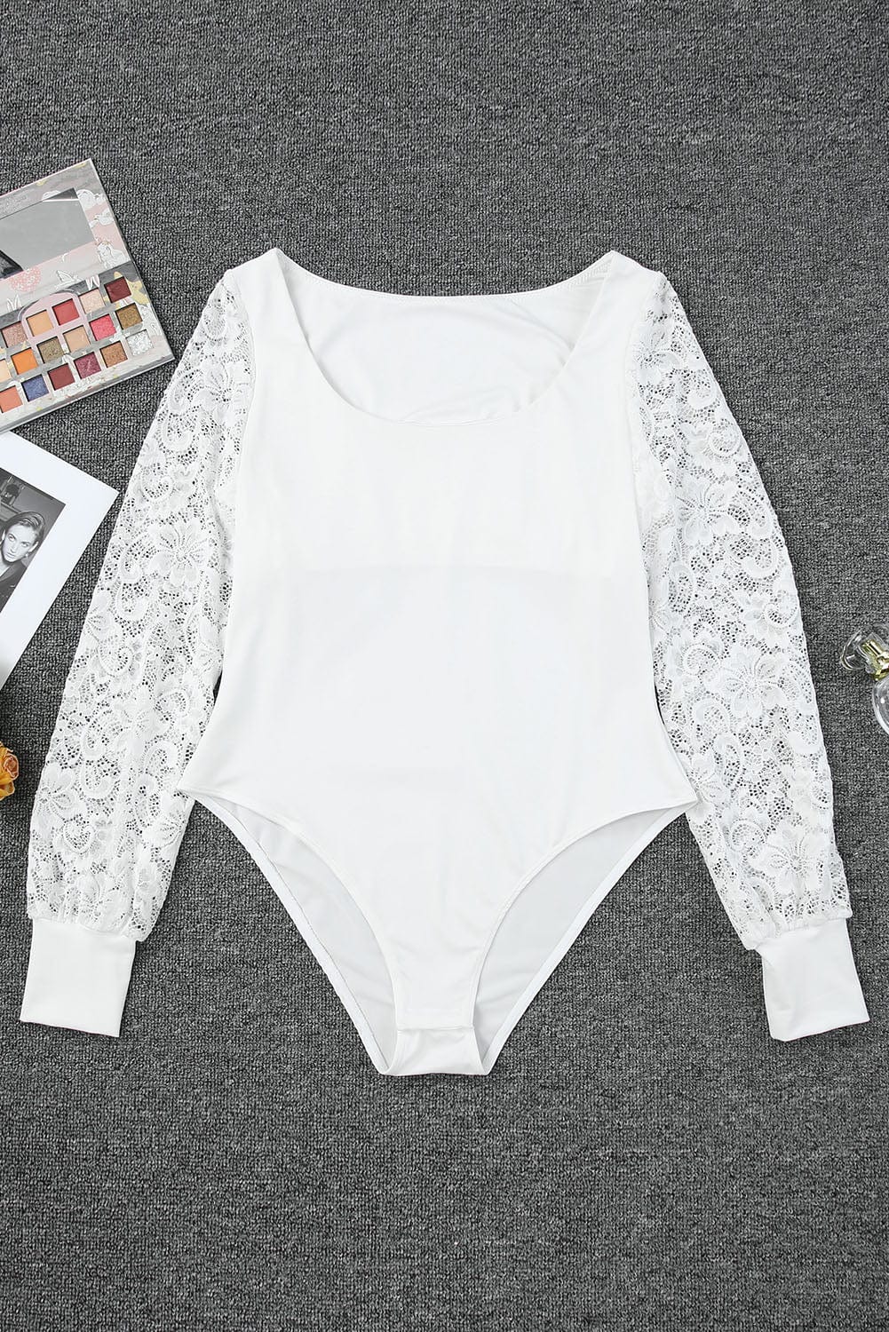 Elegant White Lace Sleeve Square Neck Bodysuit