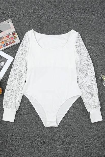 Elegant White Lace Sleeve Square Neck Bodysuit