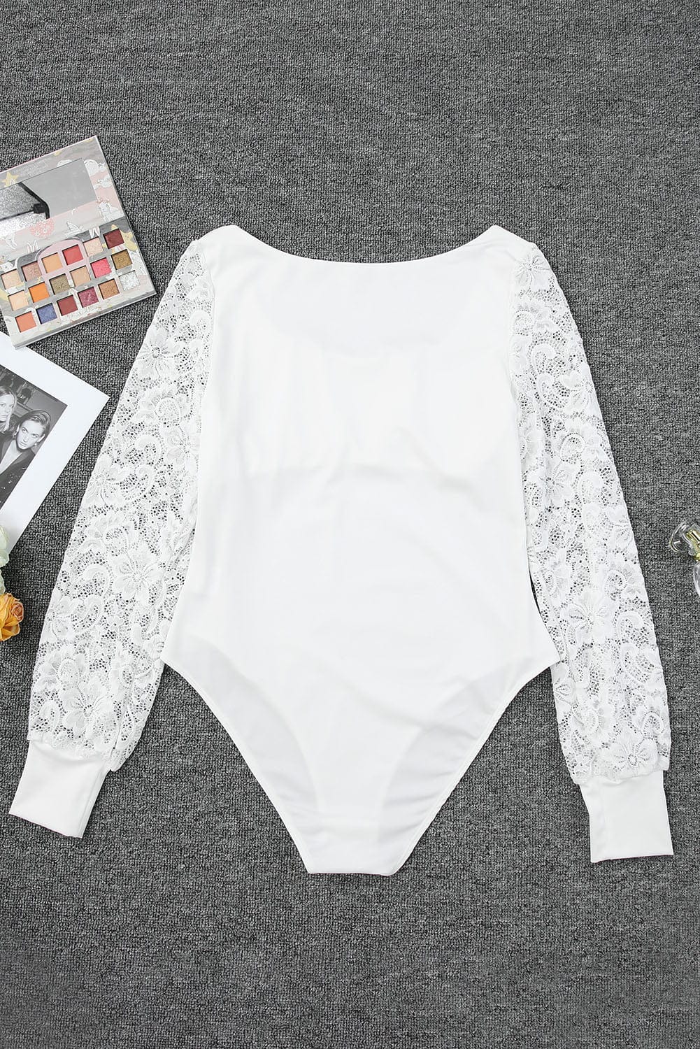 Elegant White Lace Sleeve Square Neck Bodysuit