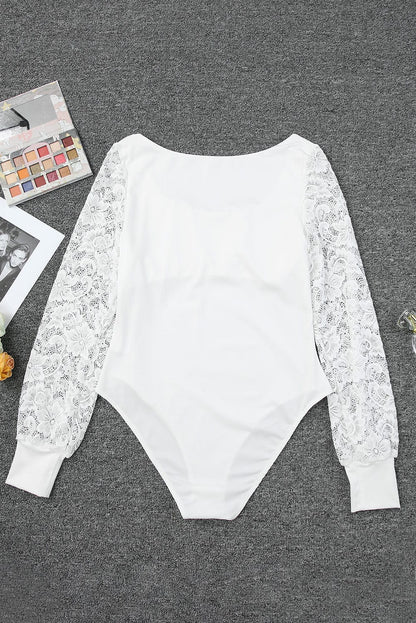 Elegant White Lace Sleeve Square Neck Bodysuit