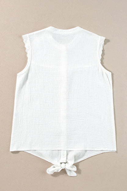 Elegant White Lace Trim Sleeveless Cotton Shirt