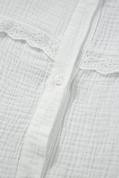 Elegant White Lace Trim Sleeveless Cotton Shirt