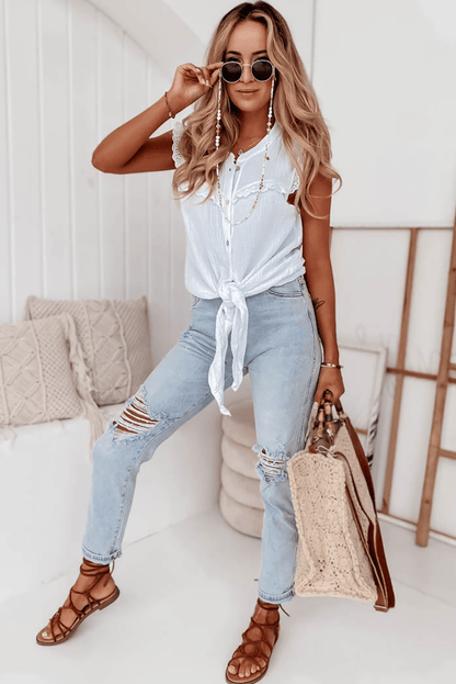 Elegant White Lace Trim Sleeveless Cotton Shirt