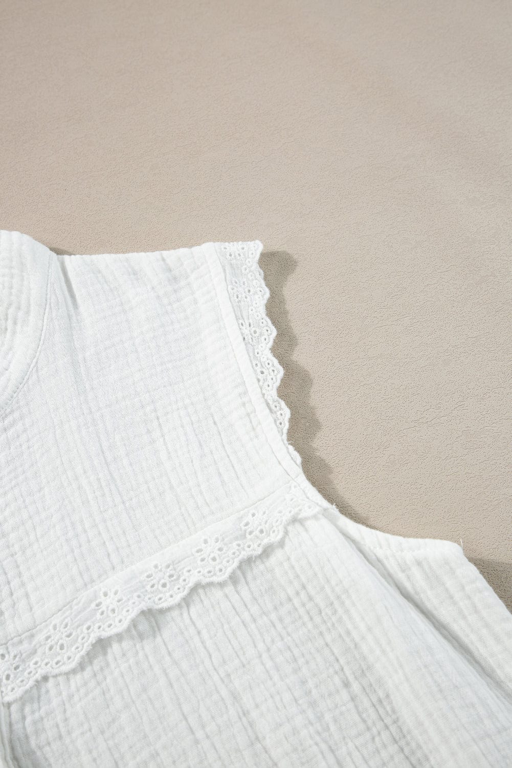 Elegant White Lace Trim Sleeveless Cotton Shirt