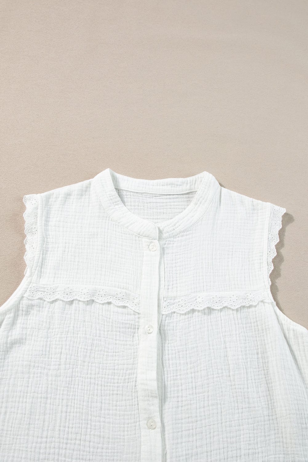 Elegant White Lace Trim Sleeveless Cotton Shirt