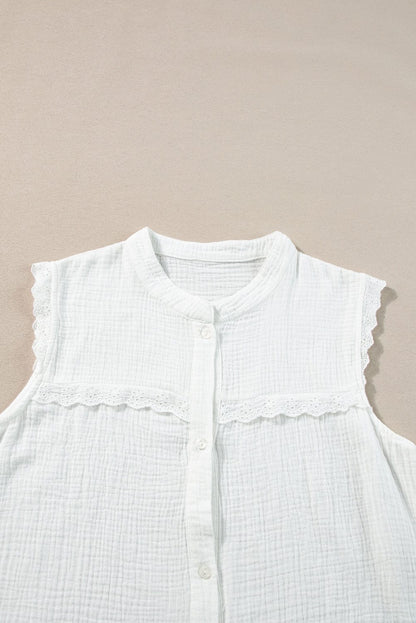 Elegant White Lace Trim Sleeveless Cotton Shirt
