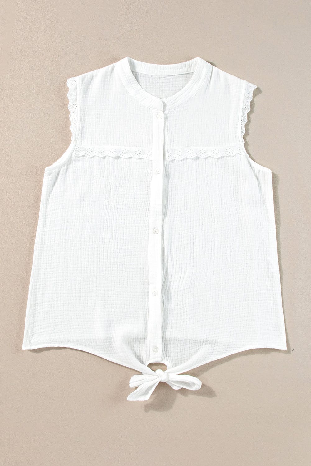 Elegant White Lace Trim Sleeveless Cotton Shirt