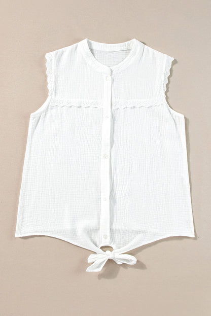Elegant White Lace Trim Sleeveless Cotton Shirt