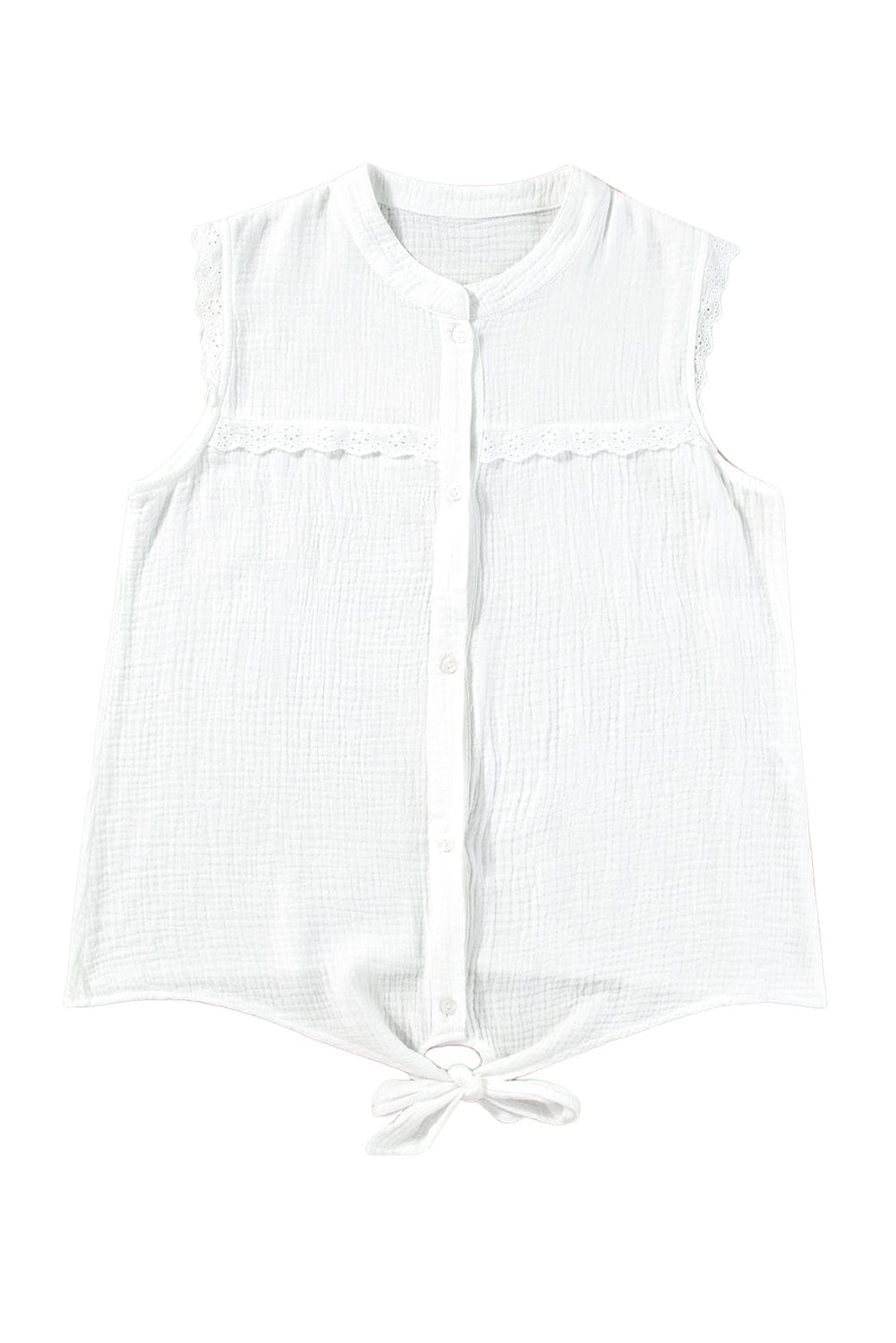Elegant White Lace Trim Sleeveless Cotton Shirt