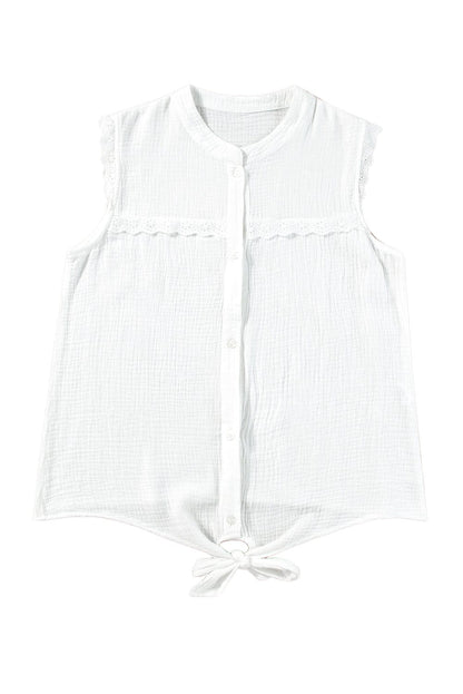 Elegant White Lace Trim Sleeveless Cotton Shirt