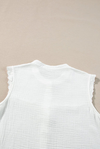 Elegant White Lace Trim Sleeveless Cotton Shirt