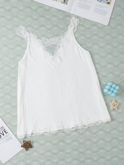Elegant White Lace-Trimmed Flare Sleeveless Top