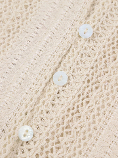 Elegant White Lace V-Neck Button Up Blouse