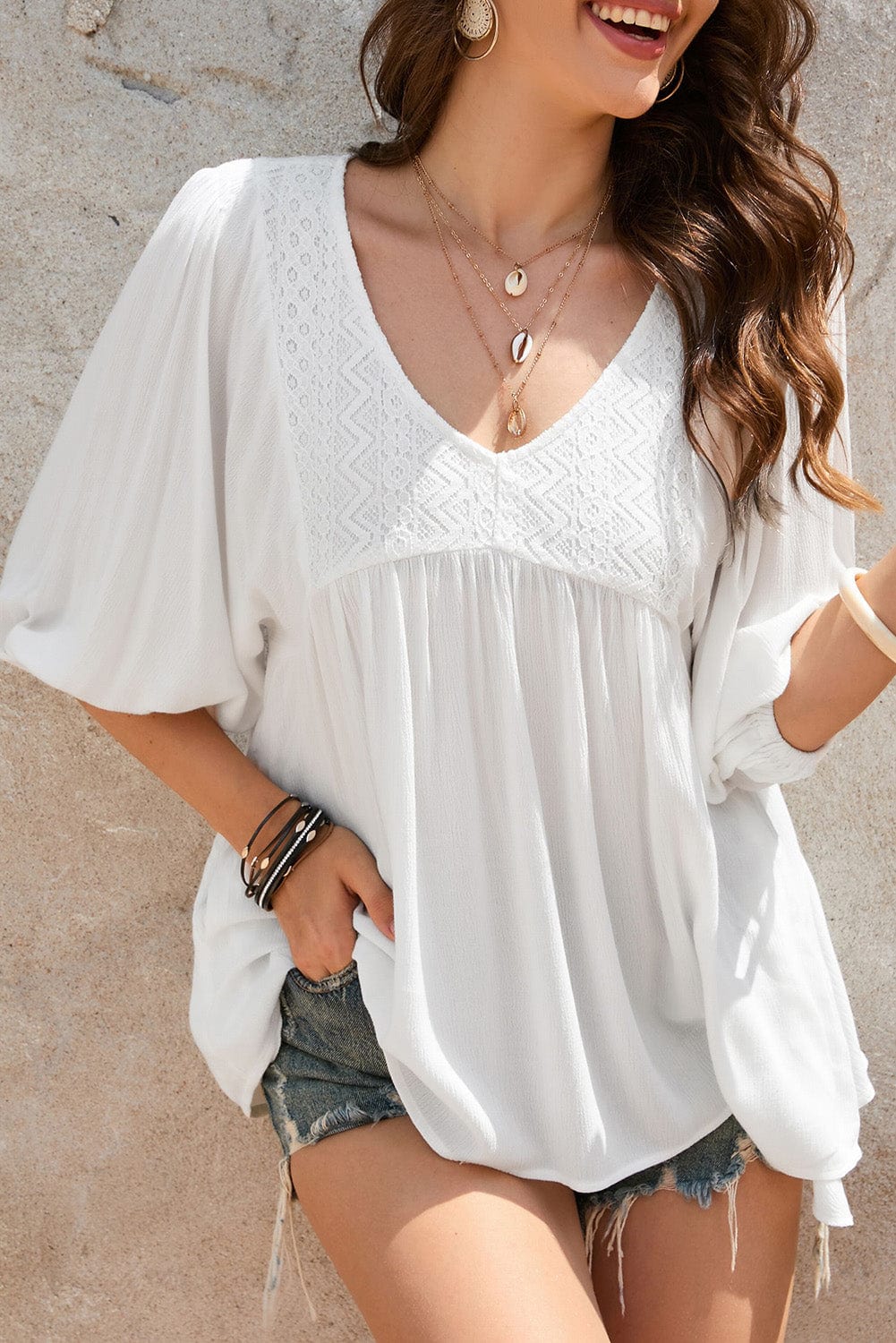 Elegant White Lace V-Neck Ruffle Blouse with Bracelet Sleeves