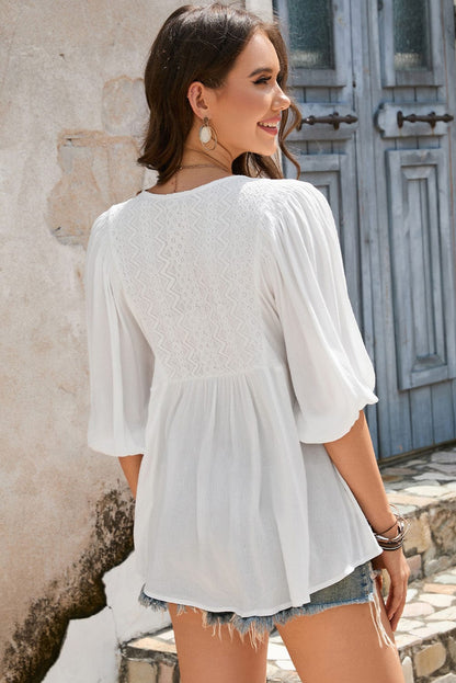 Elegant White Lace V-Neck Ruffle Blouse with Bracelet Sleeves