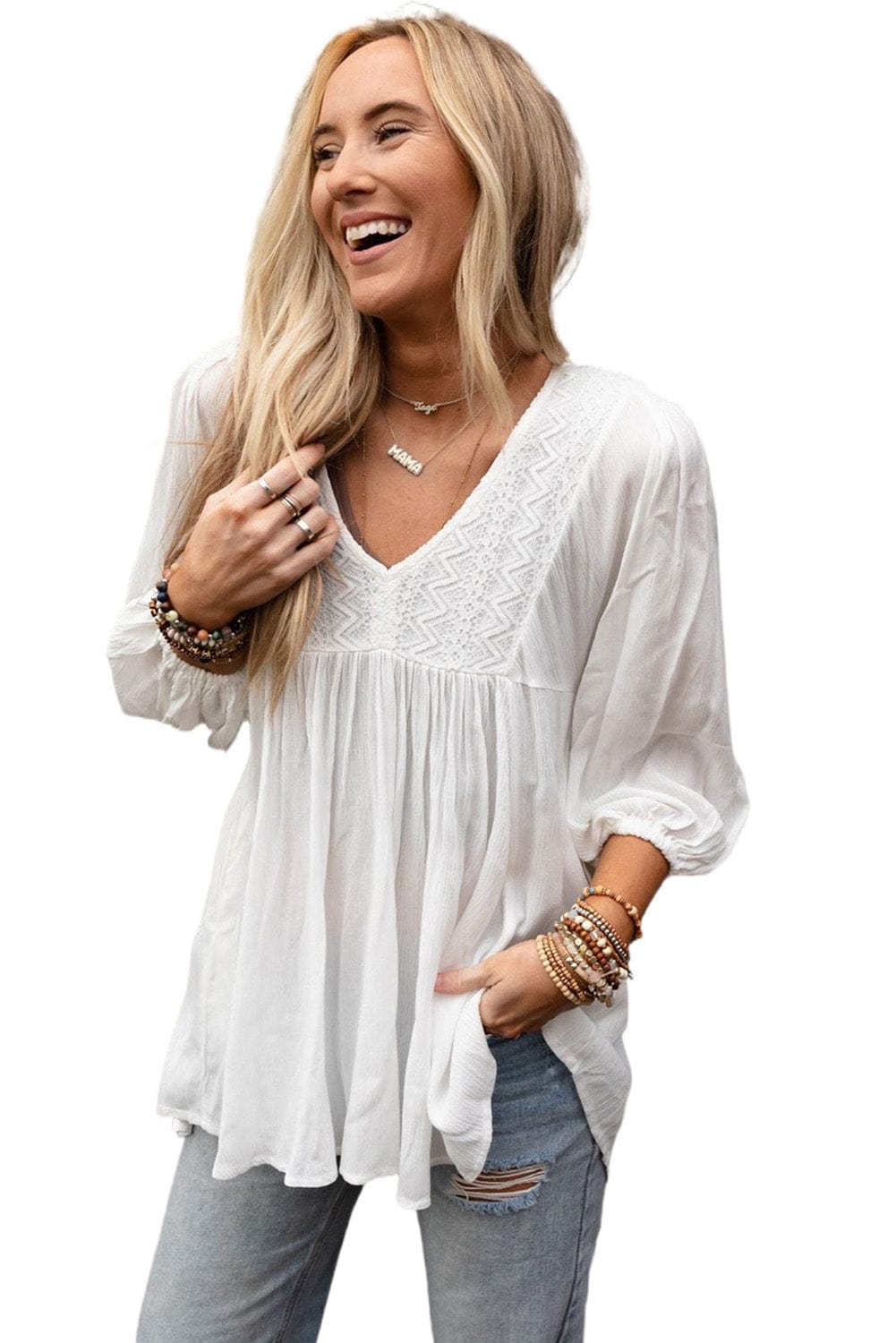 Elegant White Lace V-Neck Ruffle Blouse with Bracelet Sleeves