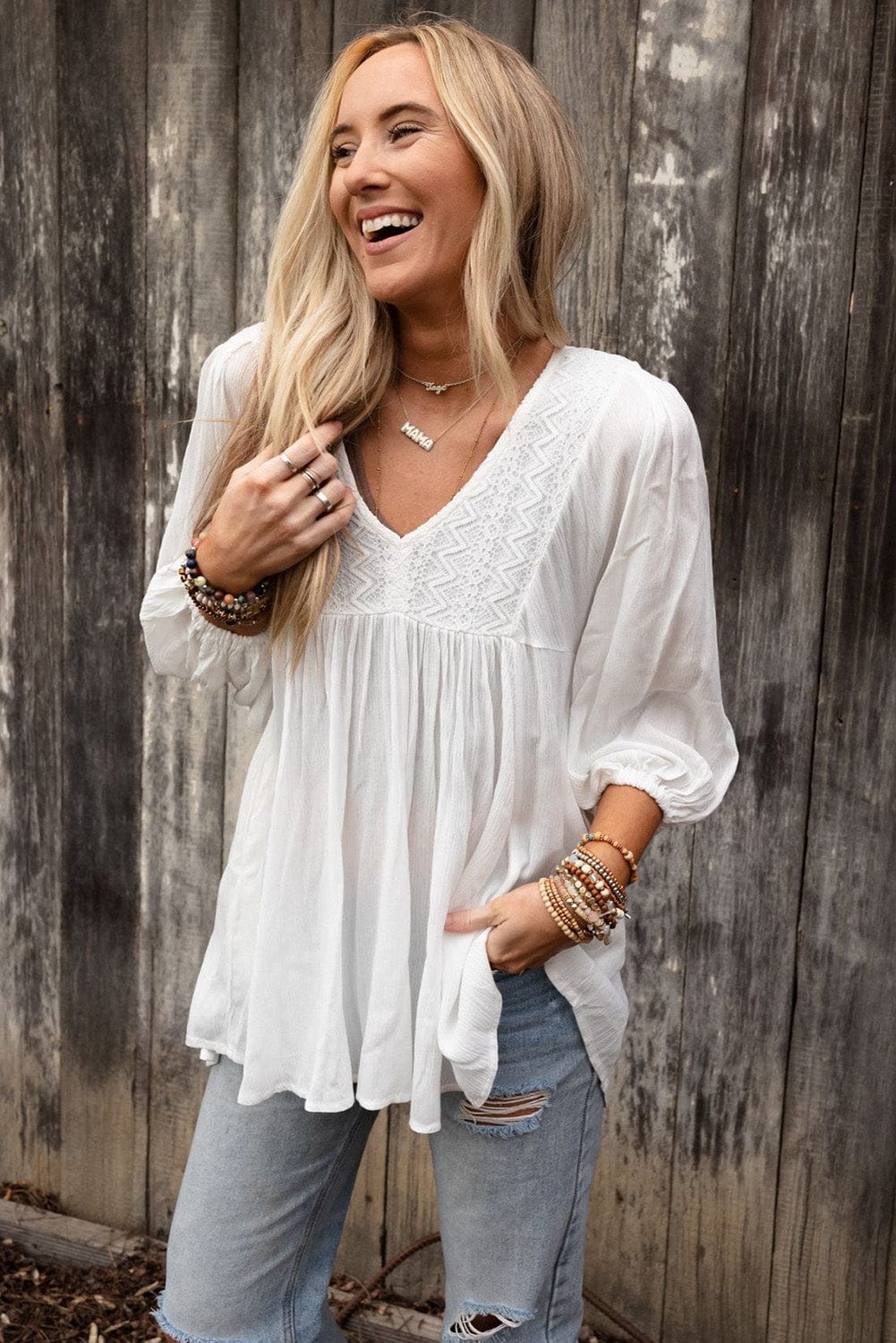 Elegant White Lace V-Neck Ruffle Blouse with Bracelet Sleeves