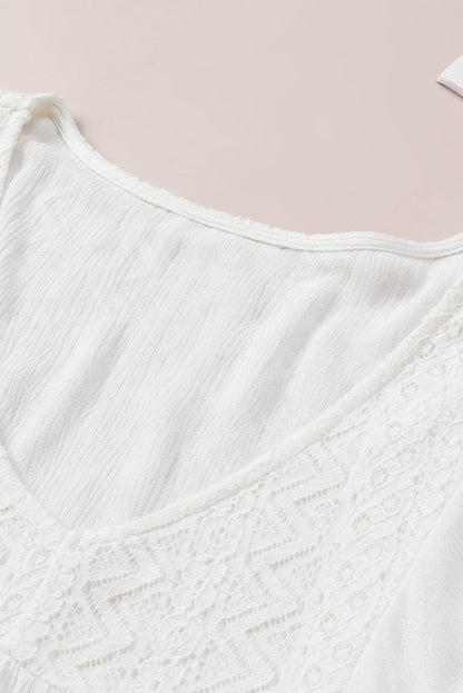 Elegant White Lace V-Neck Ruffle Blouse with Bracelet Sleeves