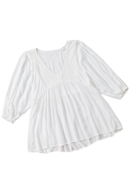 Elegant White Lace V-Neck Ruffle Blouse with Bracelet Sleeves