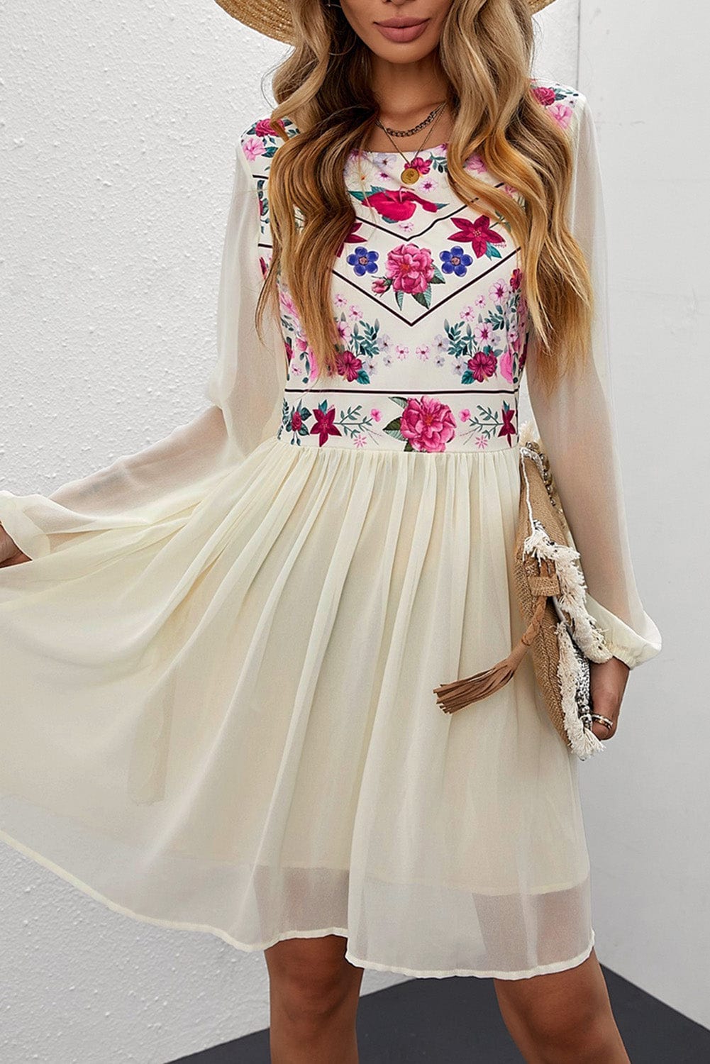 Elegant White Mesh Floral Flowy Dress