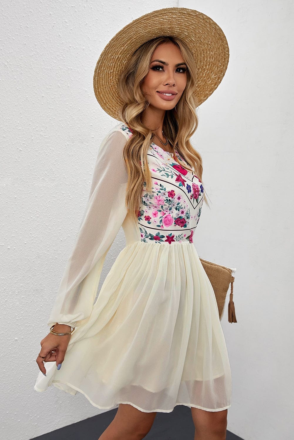 Elegant White Mesh Floral Flowy Dress