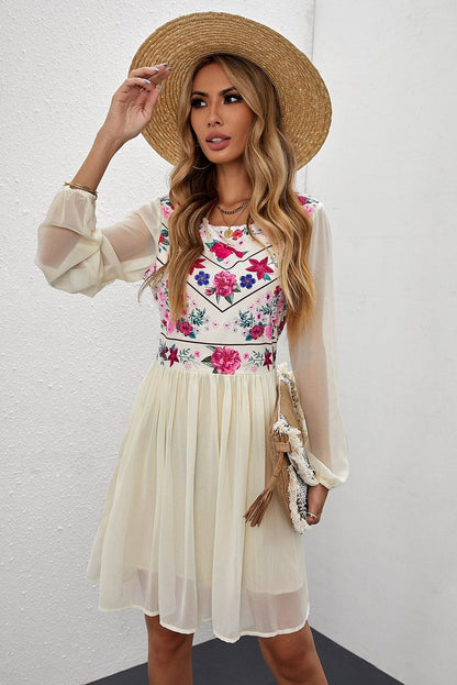 Elegant White Mesh Floral Flowy Dress