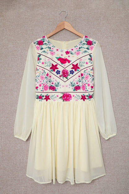 Elegant White Mesh Floral Flowy Dress