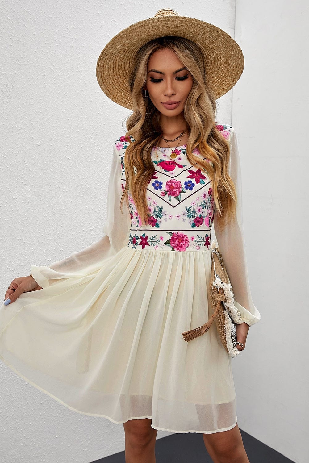 Elegant White Mesh Floral Flowy Dress