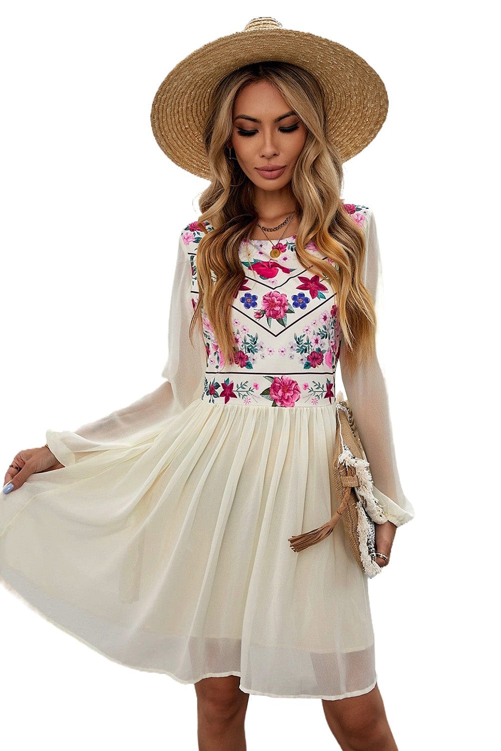 Elegant White Mesh Floral Flowy Dress