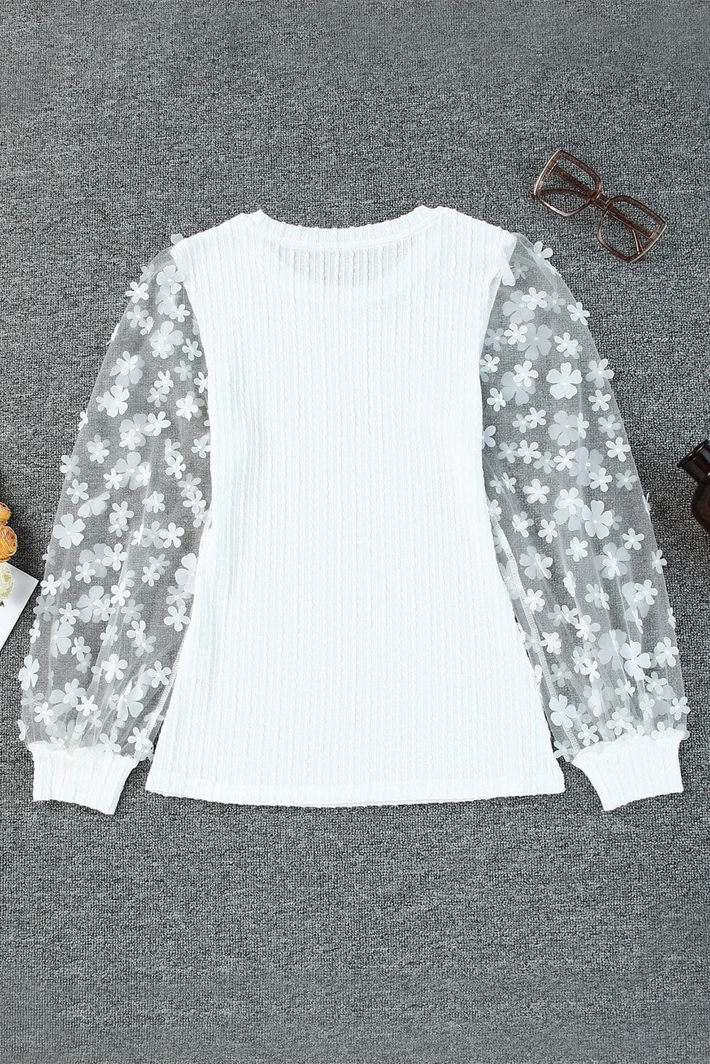 Elegant White Mesh Sleeve Floral Applique Textured Knit Top